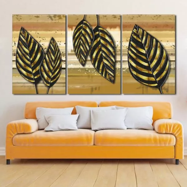 لوحة جدارية فنية بتصميم عصري اوراق ملونة - ثلاث قطع  - مقاس 120x60 سم