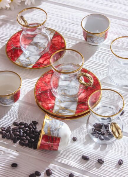 طقم قهوة وشاي سبيشال ماربل - أحمر - ل 6 أشخاص