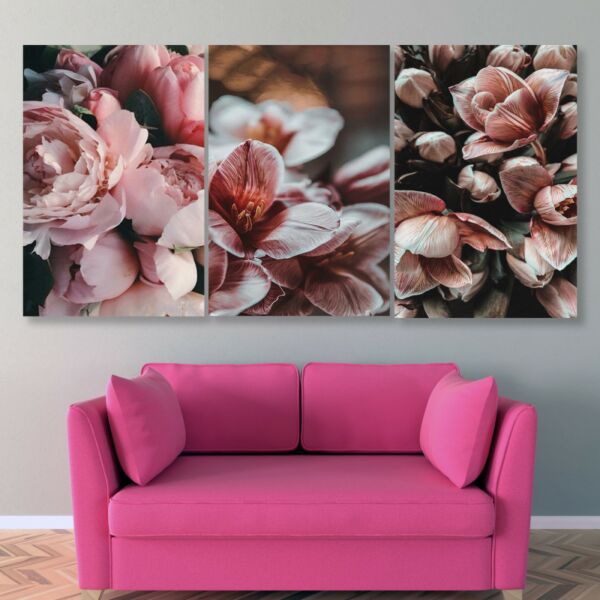 طقم لوحات جدارية فنية لتزين الحائط بتصميم ورود بينك - ثلاث قطع
