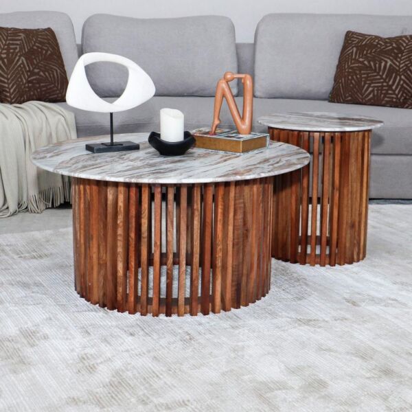 طقم طاولة قهوة وطاولات جانبية 3 قطع خشب ورخام طبيعي - أبيض رخامي وبني