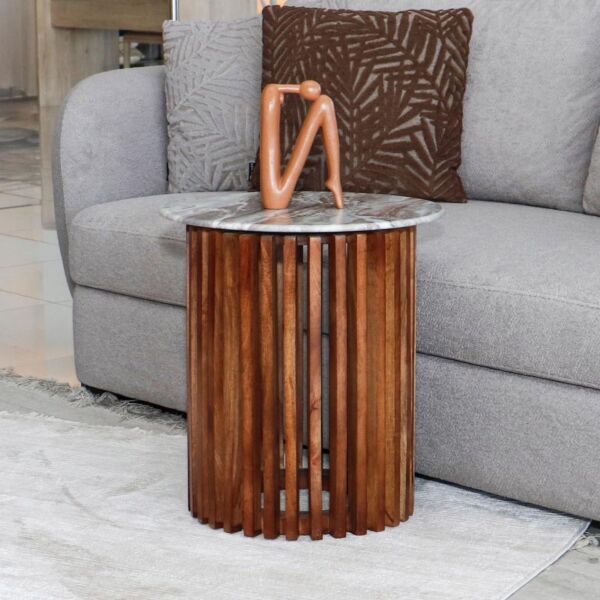 طقم طاولة قهوة وطاولات جانبية 3 قطع خشب ورخام طبيعي - أبيض رخامي وبني