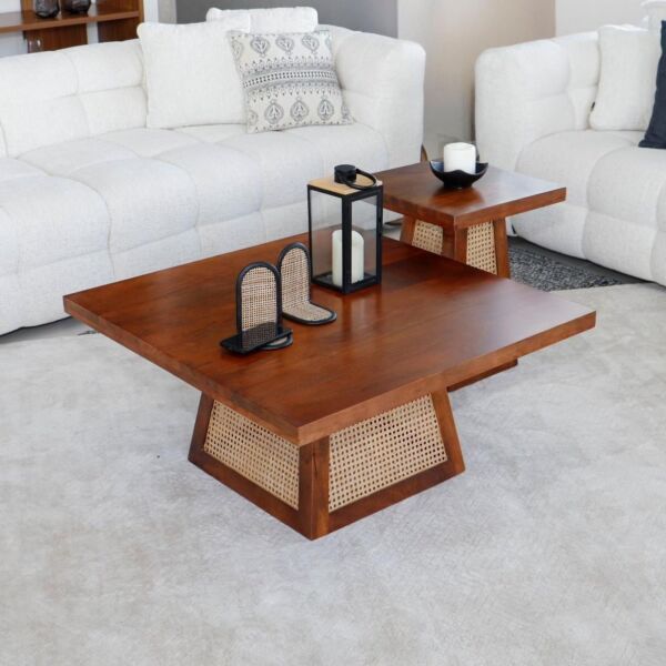 طقم طاولة قهوة 3 قطع خشب هندي طبيعي