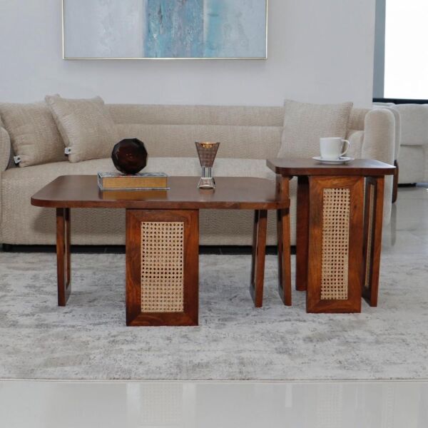 طقم طاولة قهوة وطاولات جانبية 3 قطع خشب هندي طبيعي راين - بني