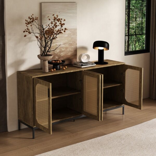 طاولة بوفيه خشب وراتان اماندا - بيج