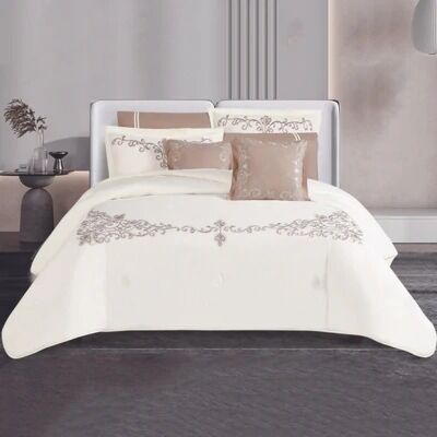 طقم لحاف مطرز  مفرد و نص مزخرف بيج 