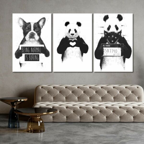 لوحة جدارية فنية بتصميم باندا  - ثلاث قطع - مقاس 120x60 سم