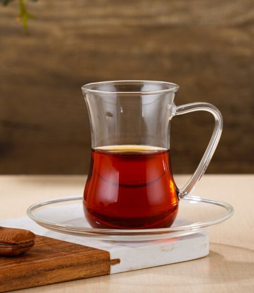 طقم كاسات شاي بيد مع صحون من زجاج البورسليكات 6 أشخاص 120 مل - شفاف