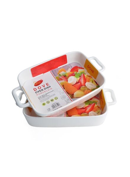 طقم أطباق فرن مستطيلة بورسلين بمقابض قطعتين - أبيض