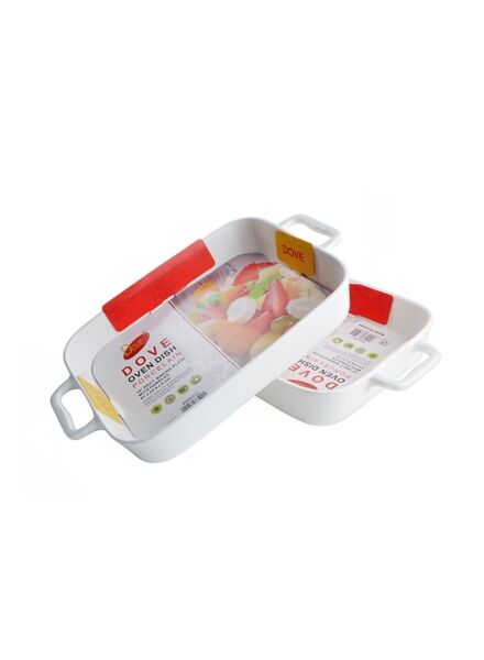 طقم 2 صينية فرن مستطيلة بورسلين بمقابض - ابيض