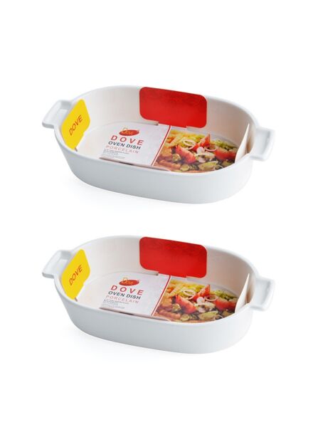 طقم أطباق فرن بيضاوية بورسلين بمقابض قطعتين - أبيض