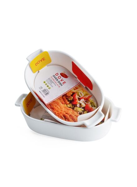 طقم أطباق فرن بيضاوية بورسلين بمقابض قطعتين - أبيض