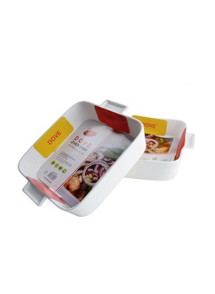 طقم 2 صينية فرن وسط بورسلين بمقابض - ابيض