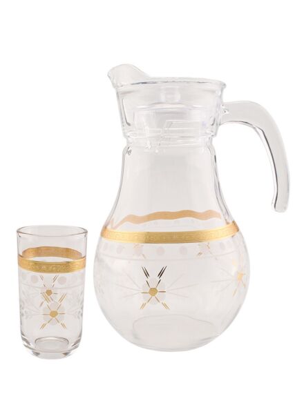 طقم إبريق زجاجي شفاف وذهبي صاب