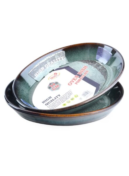 طقم 2 صينية فرن بيضاوية بورسلين مقاس 34 - اخضر غامق