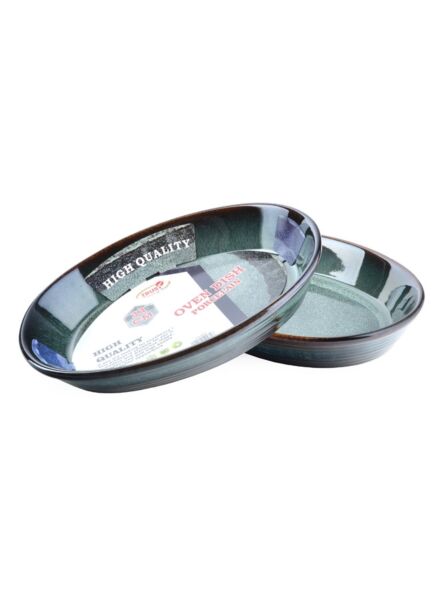 طقم 2 صينية فرن بيضاوية بورسلين مقاس 34 - اخضر غامق