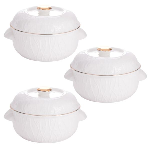أوعية شوربة 3 قطع بغطاء - ابيض وذهبي