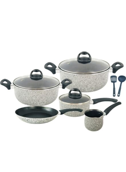طقم أواني طهي ألمنيوم 10 قطع بغطاء زجاجي ومقبض مقاوم للحرارة - رمادي