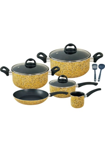 طقم أواني طهي ألمنيوم 10 قطع بغطاء زجاجي ومقبض مقاوم للحرارة - أصفر