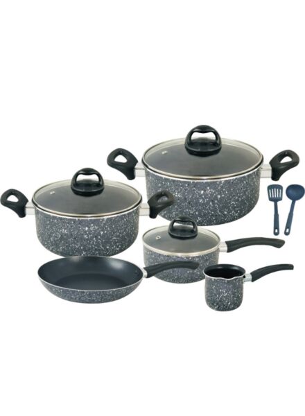 طقم أواني طهي ألمنيوم 10 قطع بغطاء زجاجي ومقبض مقاوم للحرارة - أسود
