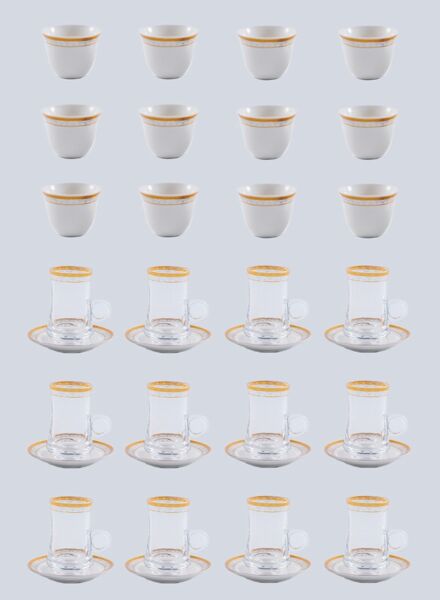 طقم أكواب شاي وقهوة أبيض وذهبي وشفاف بالس