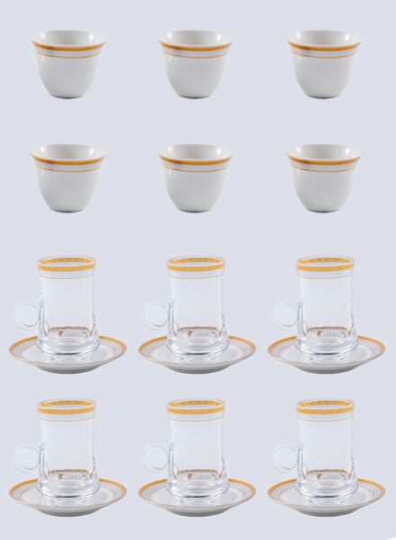 طقم أكواب شاي وقهوة أبيض وذهبي وشفاف ينج