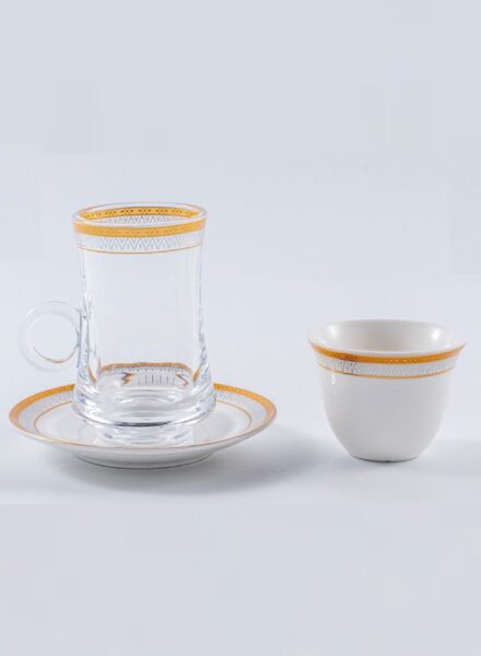 طقم أكواب شاي وقهوة أبيض وذهبي وشفاف ينج