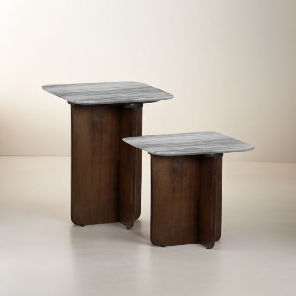 طقم طاولتين جانبية سطح رخامي قطعتين بيلو - رمادي وبني