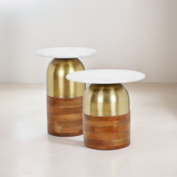 طقم طاولتين جانبية سطح رخامي قطعتين شينزو - ذهبي وبني
