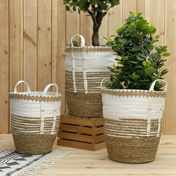 طقم سلال مولارا - 3 قطع - بيج غامق وأبيض