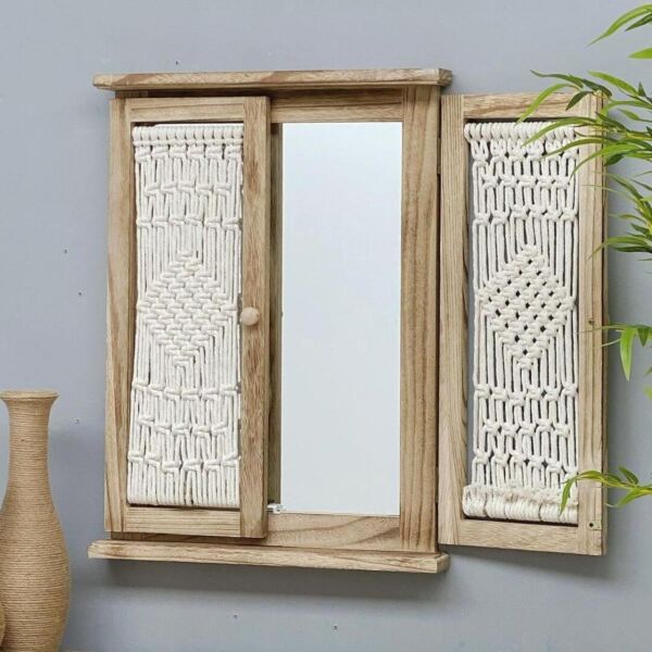 مرآه جدارية خشب وحبال مكرمية