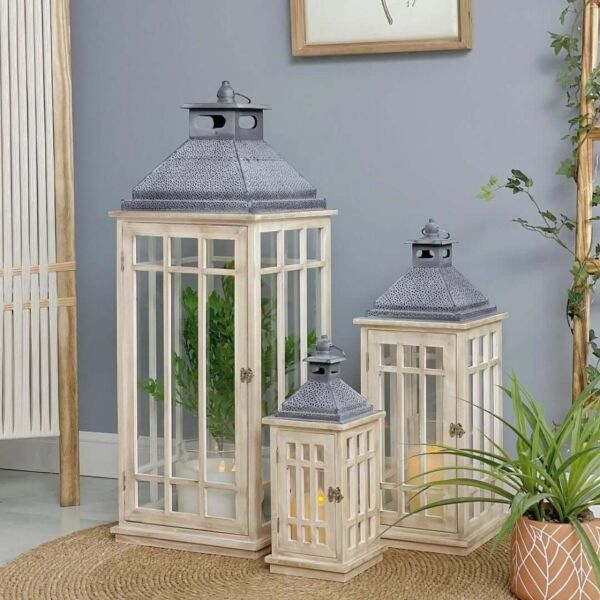 طقم فانوس 3 قطع خشب وحديد