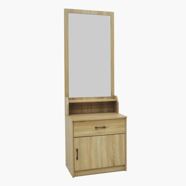 طاولة تزيين طويلة بباب واحد ودرج ومرآة ومقعد من أواسيس