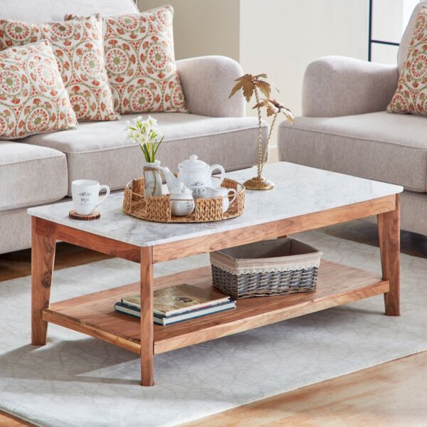 طاولة قهوة من الخشب الصلب برف وسطح رخام من ميدتاون