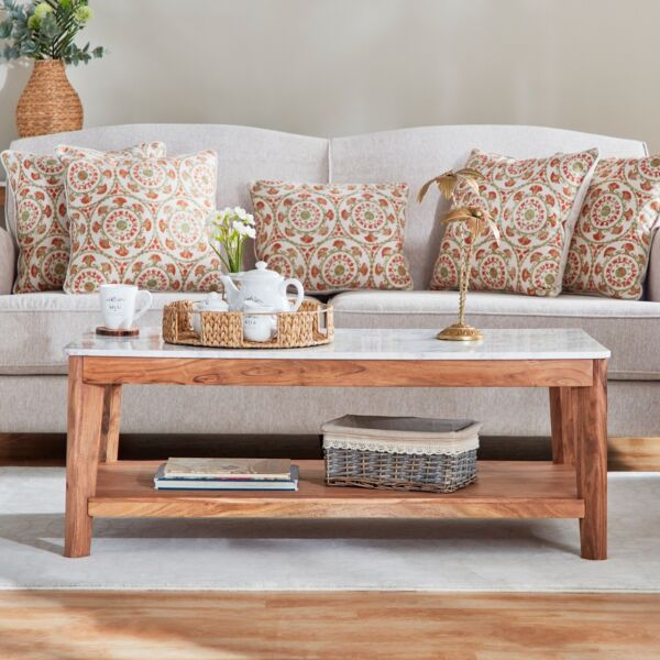 طاولة قهوة من الخشب الصلب برف وسطح رخام من ميدتاون