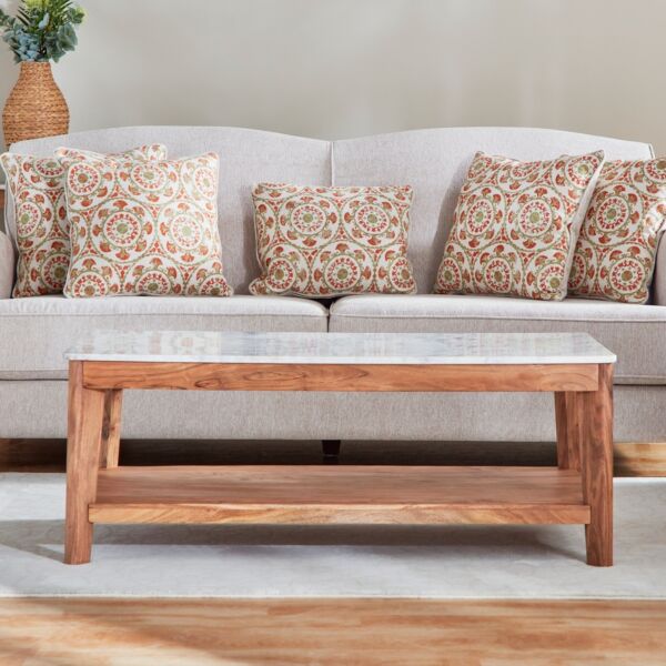 طاولة قهوة من الخشب الصلب برف وسطح رخام من ميدتاون