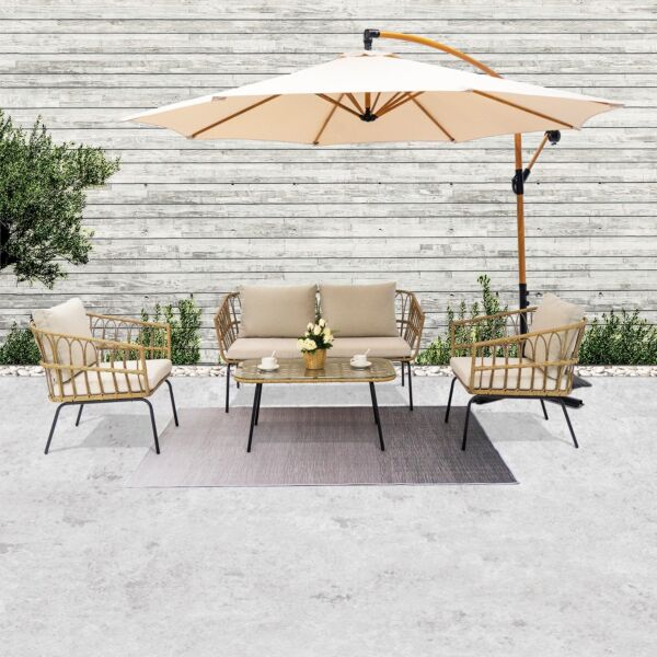 طقم طاولة قهوة للجلسات الخارجية مع 4 مقاعد ووسائد من كاتينا