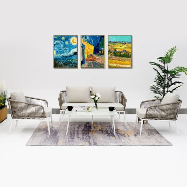 طقم طاولة قهوة للجلسات الخارجية مع 4 مقاعد ووسائد من فريسكا