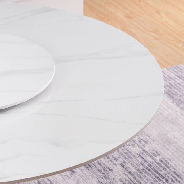 طاولة سفر مستديرة بسطح من الحجر الملبّد لـ 4 مقاعد مع صينية دوّارة من سيبريس