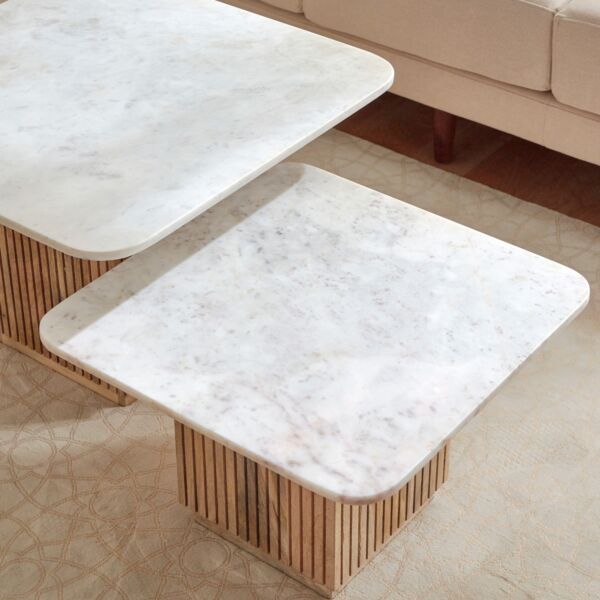 طاولة قهوة مربعة من الرخام الأصلي من قطعتين مع قاعدة من الخشب الصلب