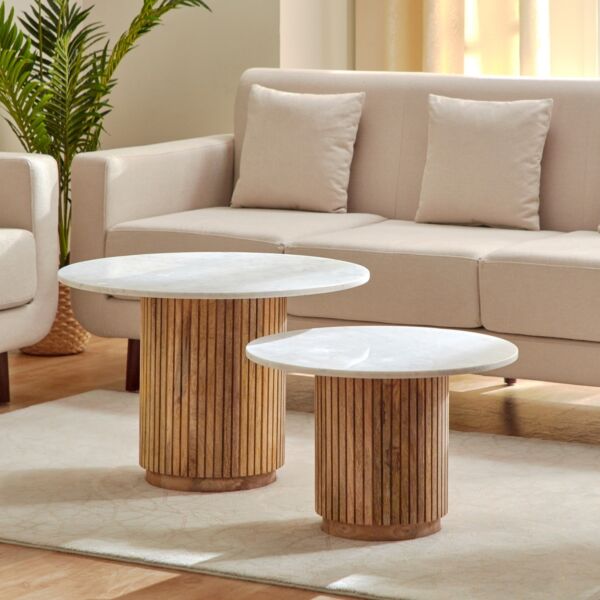 طاولة قهوة مستديرة من الرخام الأصلي من قطعتين مع قاعدة من الخشب الصلب