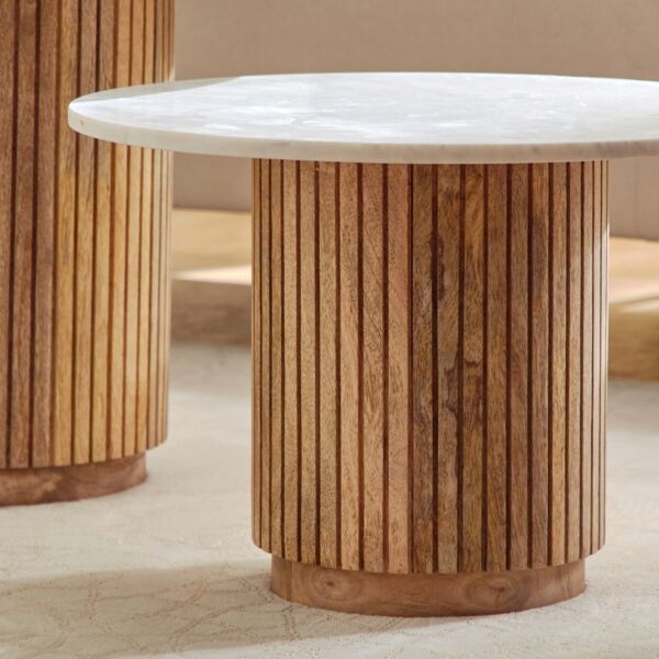 طاولة قهوة مستديرة من الرخام الأصلي من قطعتين مع قاعدة من الخشب الصلب