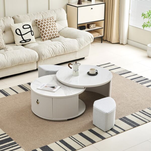 طاولة قهوة قابلة للتمديد من الحجر المتكلس مع مسند قدم من جيسيكا