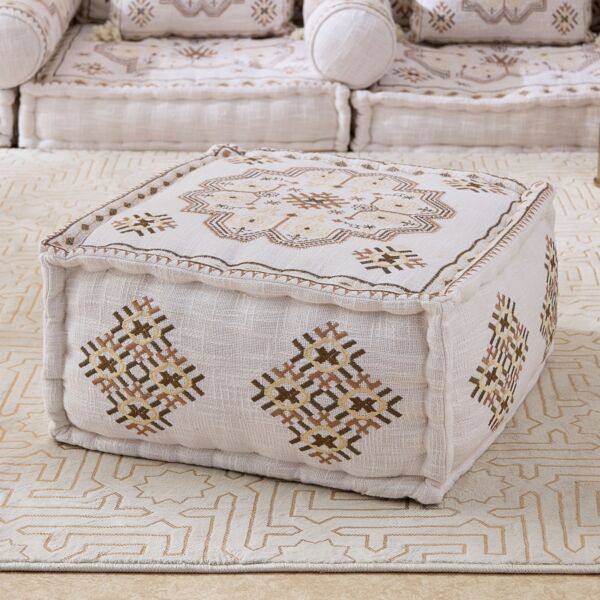 مقعد بف مربع ميداليون مطرز من مهرجان زهرة - 50x50x25سم