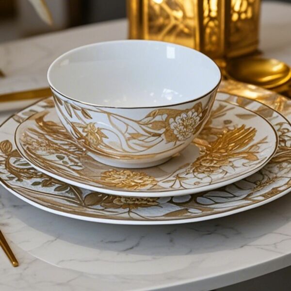 طقم صحون عشاء رويال 12 قطعة - ذهبي وأبيض