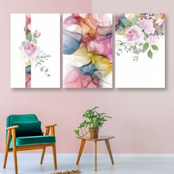 لوحة جدارية فنية بتصميم تجريدي روزي - ثلاث قطع - مقاس 120x60 سم