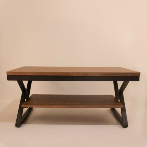 طاولة مجلس بسطحين خشب وبقواعد حديد