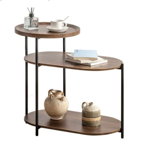 طاولة جانبية 3 طبقات سطح خشبي وقواعد معدنية