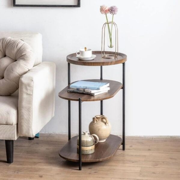 طاولة جانبية 3 طبقات سطح خشبي وقواعد معدنية