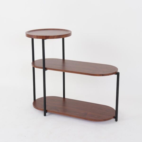 طاولة جانبية 3 طبقات سطح خشبي وقواعد معدنية