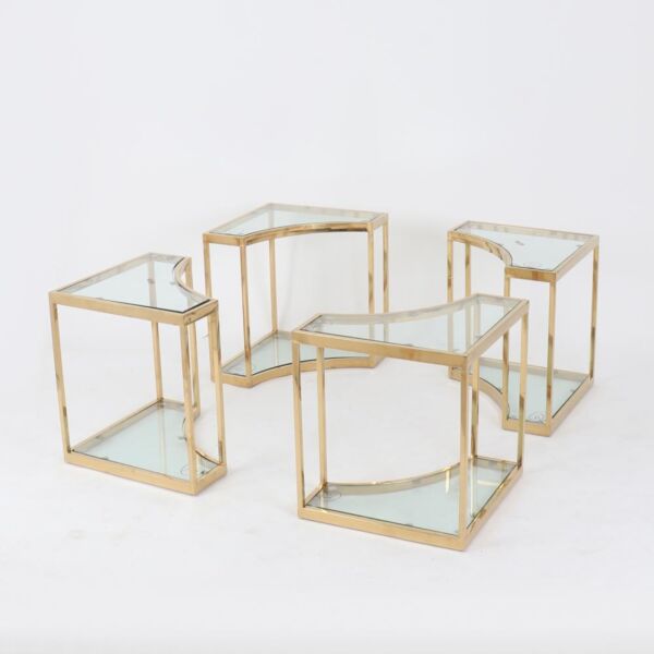 طقم طاولات خدمة ستيل ذهبي بأسطح زجاجية